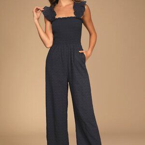 Lulus Easy Loving Navy Blue Eyelet Wide-leg Jumpsuit - Size XS